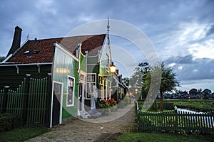 Night view of the beautiful dutch houses at Zaandijk