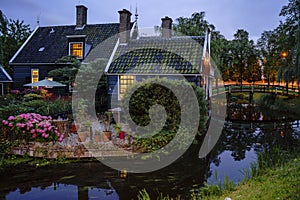 Night view of the beautiful dutch houses at Zaandijk