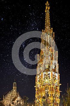 Night view of Beautiful Fountain, Schoner Brunnen, built in the XIV century, Nuremberg, Bavaria, Franconia, Germany