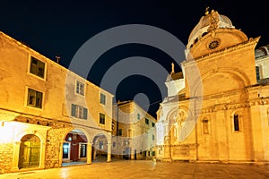 Night view with a beautiful medieval architecture in the old town of Shibenik, Croatia