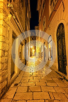 Night view with a beautiful medieval architecture in the old town of Shibenik, Croatia