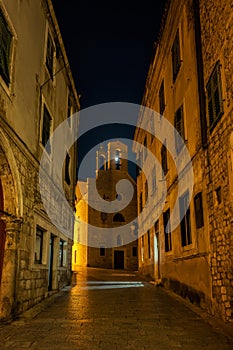 Night view with a beautiful medieval architecture in the old town of Shibenik, Croatia