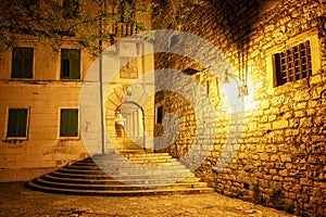 Night view with a beautiful medieval architecture in the old town of Shibenik, Croatia