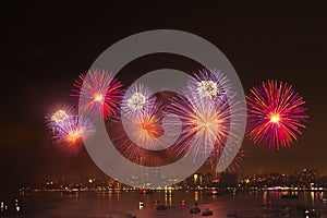 Night view and beauty of the fireworks at Pattaya beach