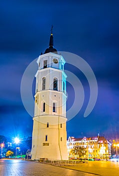 Night view of the belfry of the cathedral in Vilnius, Lithuania...IMAGE