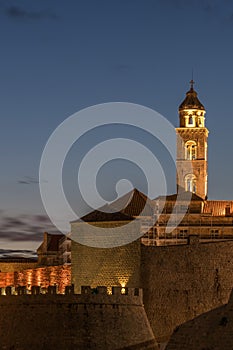 Night view of the Bell Tower in Dubrovnik Old City, Croatia