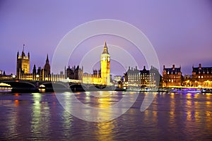 Night view of Big Ben and Houses of Parliament, London UK