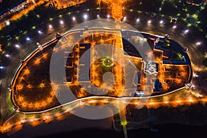 Night view from a bird`s eye view of the city center Veliky Novgorod