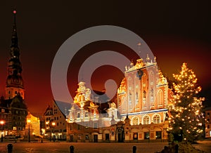 A night view of the blackheads house in riga