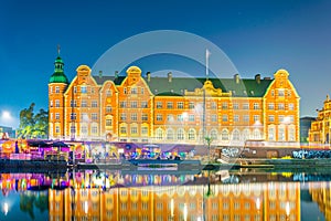 Night view of the Borsen, Oldest Building in Slotsholmen, in Copenhagen, Denmark