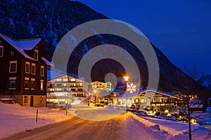 Night view of the Brand Austrian ski resort, Bludenz, Vorarlberg, Austria