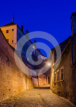 night view of the brick street - Pasajul Scarilor - the Stairs passage in the old town of romanian city sibiu...IMAGE