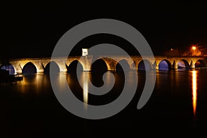 Night view of the bridge in Visegrad with backlight.