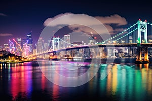 Night view of the Brooklyn Bridge and Manhattan skyline, New York City, View of Tokyo Bay , Rainbow bridge and Tokyo Tower