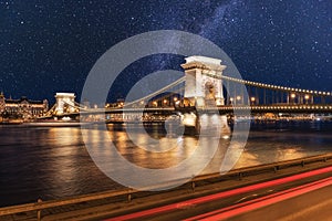 Night view of Budapest, Chain bridge Szechenyi lanchid, Hungary, Europe