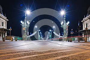 Night view of Budapest. Cityscape of famous tourist destination with Danube and bridges. Travel illuminated landscape in Hungary,