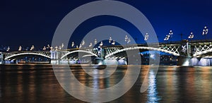 Night view of Budapest. Panorama cityscape of famous tourist destination with Danube and bridges. Travel illuminated landscape in