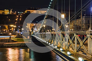 Night view of Budapest. Panorama cityscape of famous tourist destination with Danube and bridges. Travel illuminated landscape in