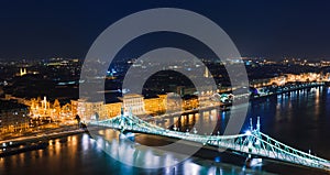 Night view of Budapest. Panorama cityscape of famous tourist destination with Danube and bridges. Travel illuminated landscape in