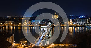Night view of Budapest. Panorama cityscape of famous tourist destination with Danube and bridges. Travel illuminated landscape in