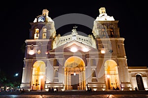 Night view of building facade of Nuestra Senora de la Asuncion or Cathedral of Cordoba
