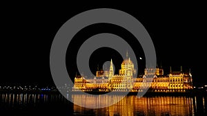 Night view of the building of the Hungarian Parliament in Budapest, Hungary