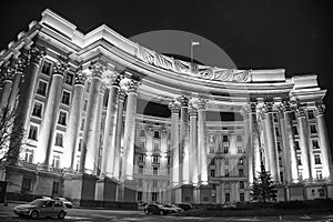 Night view of the building of the Ministry of Foreign Affairs of Ukraine in Kyiv, Ukraine. Black and white photo