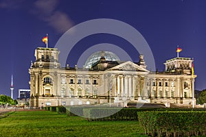 Night view of Bundestag Reichstag building in Berlin, Germany