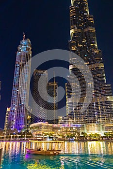 Night view Burj Khalifa Dubai fountain lake UAE