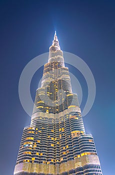 Night view of the Burj Khalifa skyscraper in Dubai which is the world tallest building