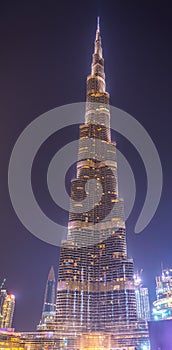 Night view of the Burj Khalifa skyscraper in Dubai which is the world tallest building