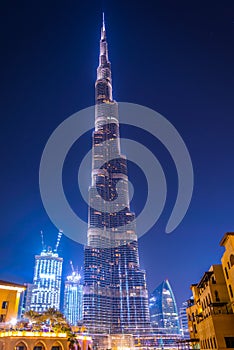 Night view of the Burj Khalifa skyscraper in Dubai which is the world tallest building