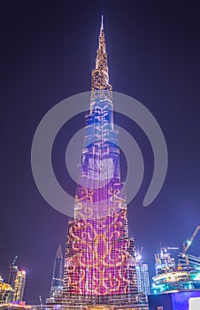 Night view of the Burj Khalifa skyscraper in Dubai which is the world tallest building