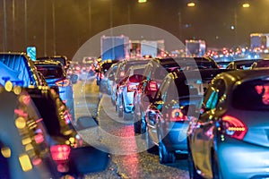 Night view busy UK Motorway traffic jam at night