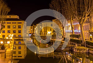 Night view of Canal de la Robine in Narbonne