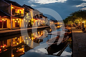 Night view of the canal in Hoi An ancient town, Vietnam, Hoi An ancient town riverfront, AI Generated