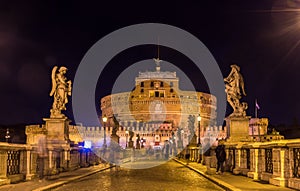 Night view of Castel Sant'Angelo in Rome, Italy