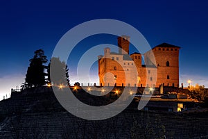 Night view of the castle of Grinzane Cavour, in the Langhe.