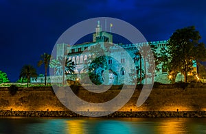 Night view of Catedral de Mallorca, Spain