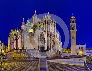 Night view of the cathedral of holy saviour in Jerez de la Frontera in Spain