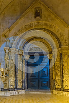 Night view of the cathedral of Saint Lawrence in Trogir, Croatia