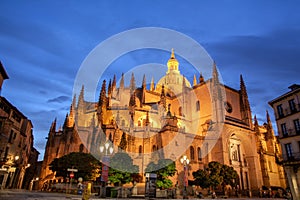 Night view of the cathedral of Segovia illuminated