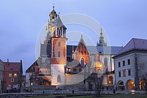 Night view of the cathedral of St Stanislaw and St Vaclav and Royal Castle on the Wawel Hill