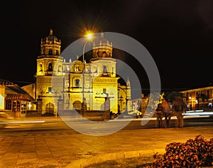 Night view of Catholic Church in Cuzco, Peru