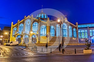 Night view of central market in Valencia, Spain