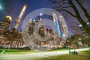Night view of Central Park and Manhattan buidlings, New York Cit