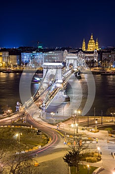 Night View of the Chain Bridge and church St. Stephen's Basilica