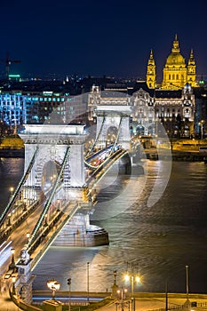 Night View of the Chain Bridge and church St. Stephen's Basilica