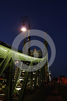 Night view of Chain bridge on Danube river in Budapest city. Hungary.