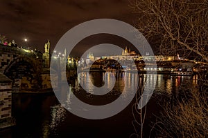 Night view of Charles Bridge and Mala Strana in Prague, Europe.